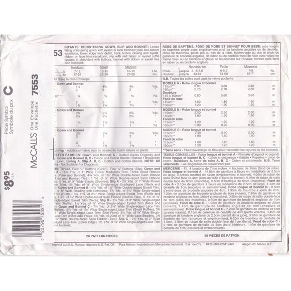 UNCUT Vintage Sewing PATTERN McCalls 7553, Kitty Benton 1995 Infants Christening - Picture 2 of 2